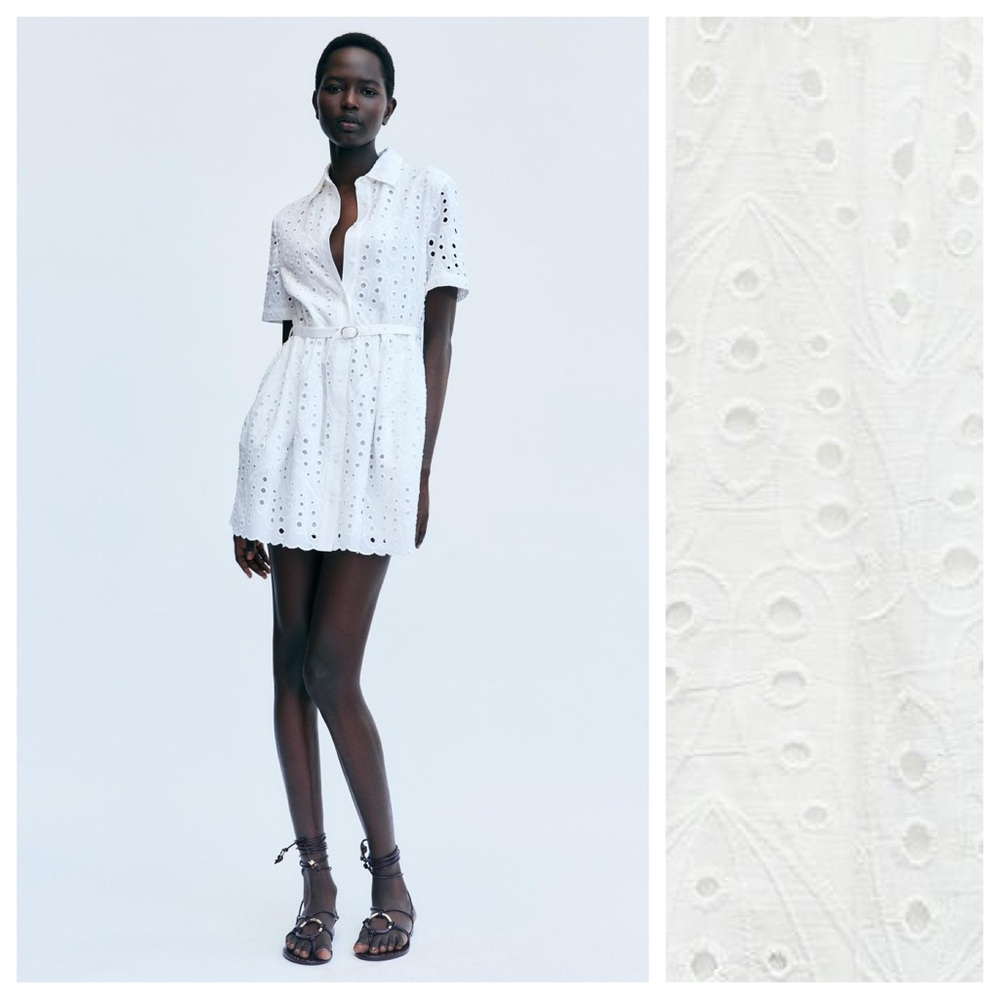NWT. Zara ZW Collection White Openwork Embroidery Short Dress. Size M.